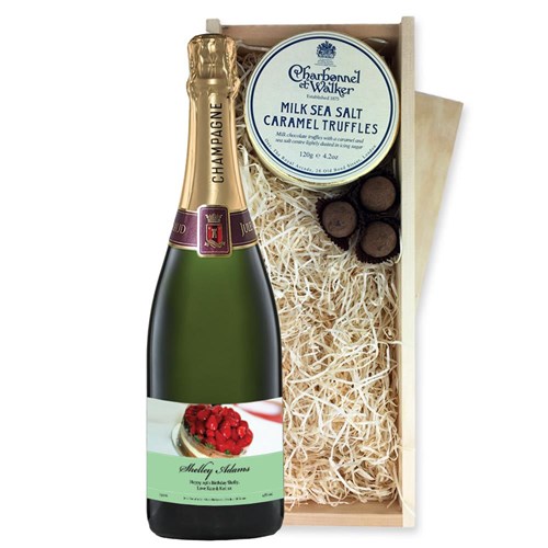 Personalised Champagne - Birthday Cake Label And Milk Sea Salt Charbonnel Chocolates Box